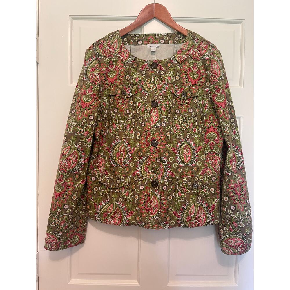 Charter Club Olive Floral Paisley Print Denim Button Up Jacket Size X Large